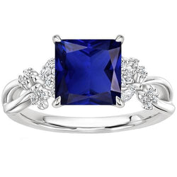 Blauer Saphir & Aus der Erde Abgebauter Natürlicher Diamant Ring Princess Runden & Marquise Cut 4 Karat