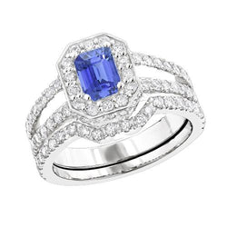 Blauer Saphir Diamant Verlobungsring Set 3,50 Karat Pave Set Schmuck