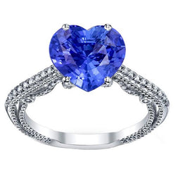 Blauer Saphir Aus der Erde Abgebauter Natürlicher Diamantring 3 Karat Pave Set Akzente Gold 14K Milgrain