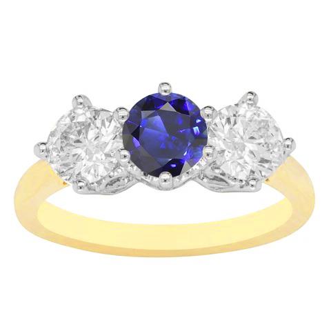 Blauer Saphir-Diamantring mit 3 Steinen für Damen 3,50 Karat zweifarbig 14K - harrychadent.de