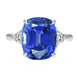 Blauer Saphir Drei-Steine-Ring Oval & Trillion Aus der Erde Abgebauter Natürlicher Diamanten 4,50 Karat