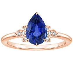 Blauer Saphir Edelstein Ring Birne & runder Aus der Erde Abgebauter Natürlicher Diamant Blumenstil 3 Karat