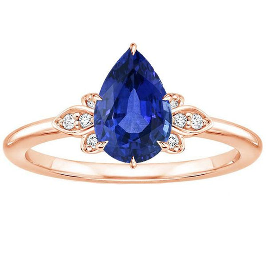 Blauer Saphir Edelstein Ring Birne & runder Diamant Blumenstil 3 Karat - harrychadent.de