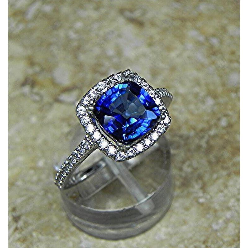 Blauer Saphir-Halo-Diamant-Hochzeitsring im Kissenschliff 3,5 Karat Gold 14K - harrychadent.de