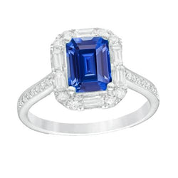 Blauer Saphir Halo Ring Strahlend Schliff Smaragd & Runde Aus der Erde Abgebauter Natürlicher Diamanten 4 Karat