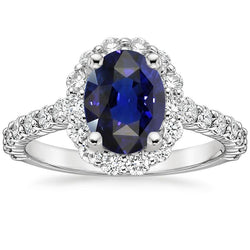 Blauer Saphir Halo Verlobungsring Oval & Runde Aus der Erde Abgebauter Natürlicher Diamanten 5,50 Karat