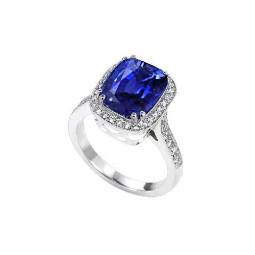 Blauer Saphir-Kissen und Ring mit Diamanten im Rundschliff von 4.55 Karat WG 14K