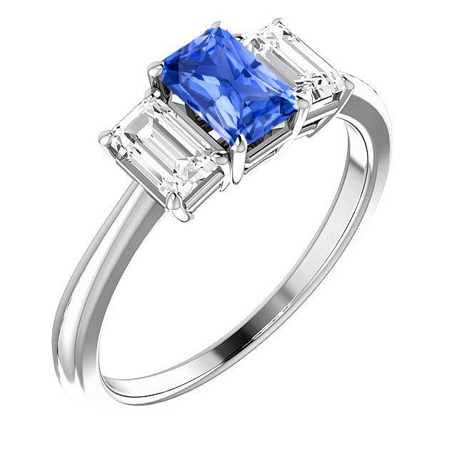 Blauer Saphir-Verlobungsring 3 Steine 2 Karat Diamanten im Smaragdschliff - harrychadent.de