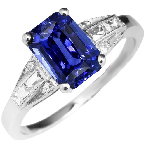 Blauer Smaragd-Saphir-Ring Baguette & runder Diamant 4 Karat