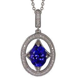 Blauer Tansanit und Aus der Erde Abgebauter Natürlicher Diamanten 3.00 Kt Halskette mit Anhänger Weißgold 14K