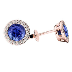 Blauer Tansanit und Aus der Erde Abgebauter Natürlicher Diamanten Rundschliff 5,50 Karat Ohrstecker 14K
