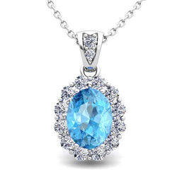 Blauer Topas & Aus der Erde Abgebauter Natürlicher Diamant Halo Edelstein Anhänger Halskette 10.90 Ct. WG 14K