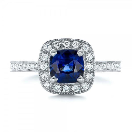 Ceylon Blue Sapphire Halo Aus der Erde Abgebauter Natürlicher Diamants Ring 4 Karat 14 Karat Weißgold