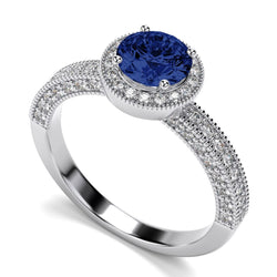 Ceylon-Jubiläumsring mit blauem Saphir und Diamanten Neu Weißgold 14K