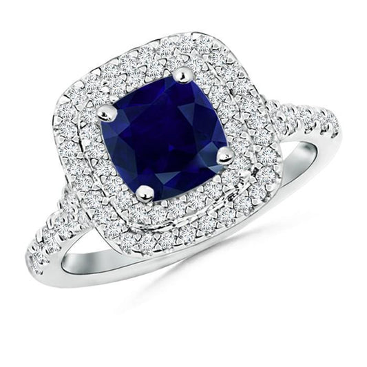 Ceylon Saphir Doppel Halo Aus der Erde Abgebauter Natürlicher Diamantring 4.0 Karat Weißgold 14K