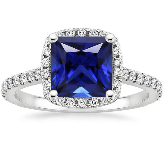 Ceylon-Saphir-Halo-Aus der Erde Abgebauter Natürlicher Diamantring 6 Karat Prinzessschliff mit Akzenten