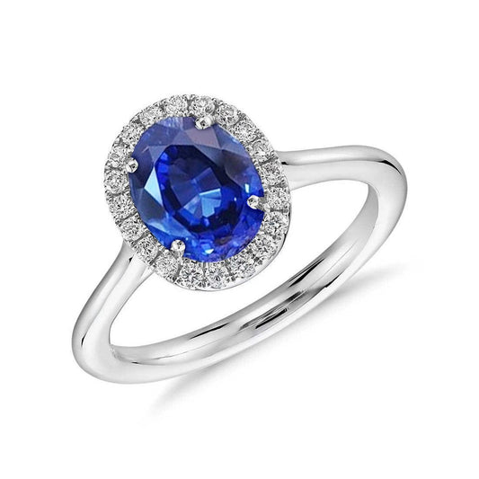 Ceylon Saphir Oval mit Aus der Erde Abgebauter Natürlicher Diamanten Ring 3 Karat Weißgold 14K