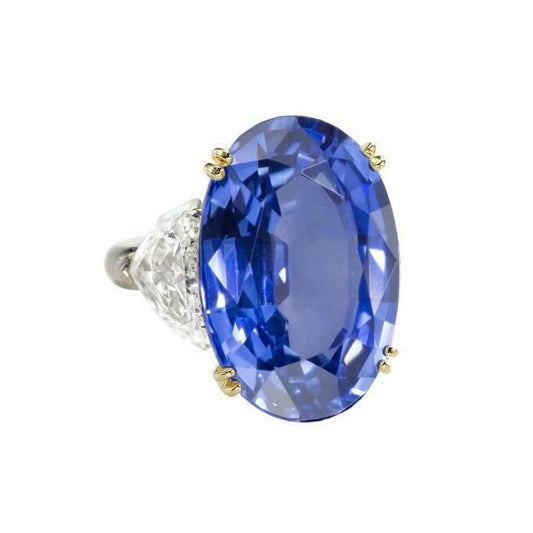 Ceylon Saphir Oval und Trillion Aus der Erde Abgebauter Natürlicher Diamanten Ring 3-Stein