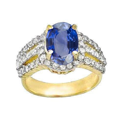 Ceylon Saphir Ovaler und runder Aus der Erde Abgebauter Natürlicher Diamanten Ring Gold 14K 3.51 Karat