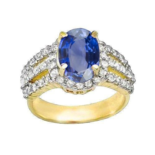Ceylon Saphir Ovaler und runder Aus der Erde Abgebauter Natürlicher Diamanten Ring Gold 14K 3.51 Karat