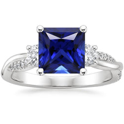 Ceylon-Saphir-Ring im Princess-Schliff mit 3 Steinen und Aus der Erde Abgebauter Natürlicher Diamanten 6 Karat