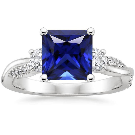 Ceylon-Saphir-Ring im Princess-Schliff mit 3 Steinen und Diamanten 6 Karat - harrychadent.de