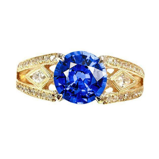Ceylon Saphir Runde Aus der Erde Abgebauter Natürlicher Diamanten 3.76 Ct Ring Antik-Stil
