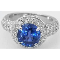 Ceylon Saphir im Ovalschliff mit runden Aus der Erde Abgebauter Natürlicher Diamanten 4 Karat Ring Weiß
