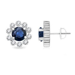 Ceylon Saphir und Aus der Erde Abgebauter Natürlicher Diamant 3,20 ct Ohrstecker Weißgold 14K
