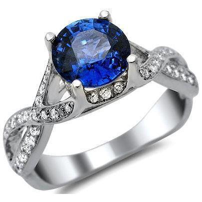 Ceylon Saphir und runde Aus der Erde Abgebauter Natürlicher Diamanten 3 Karat Ring Weißgold 14K
