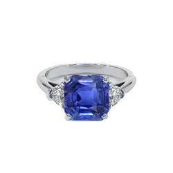 Damen 3 Steine Ring Asscher Ceylon Saphir & Aus der Erde Abgebauter Natürlicher Diamanten 4,50 Karat