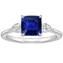 Damen 3 Steine Ring Birne Aus der Erde Abgebauter Natürlicher Diamant & Kissen Ceylon Saphir 2.75 Karat