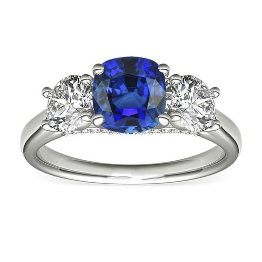 Damen 3 Steine Ringkissen Blauer Saphir & Runde Diamanten 2.50 Karat - harrychadent.de