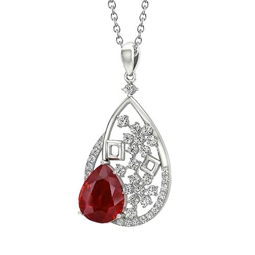 Damen Anhänger Halskette 3,50 Karat Rubin mit Aus der Erde Abgebauter Natürlicher Diamanten Weißgold 14K