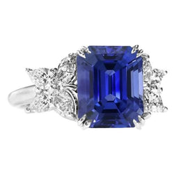 Damen Aus der Erde Abgebauter Natürlicher Diamant Edelstein Ring Smaragdschliff Ceylon Saphir Gold 4 Karat