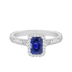 Damen Aus der Erde Abgebauter Natürlicher Diamant Halo Ring 2 Karat Srilankan Saphir Gold Filigran