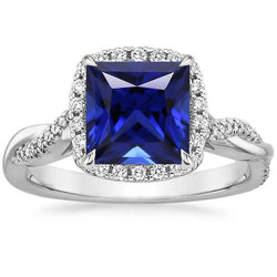 Damen Diamant Halo Ring Krappenset Princess Blue Sapphire 6 Karat Pave