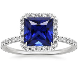 Damen-Aus der Erde Abgebauter Natürlicher Diamant-Halo-Ring mit Akzenten Princess Blue Sapphire 6 Karat