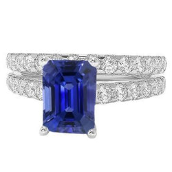Damen Diamant Verlobungsring Set Smaragdschliff Blauer Saphir 3 Karat