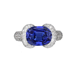 Damen Aus der Erde Abgebauter Natürlicher Diamantring Oval Blauer Saphir 4 Karat Gold 14K Schmuck