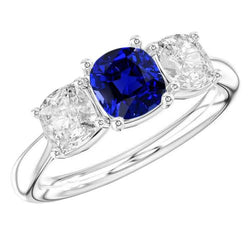 Damen Dreistein Ehering Kissen Saphir & Aus der Erde Abgebauter Natürlicher Diamanten 2.50 Karat