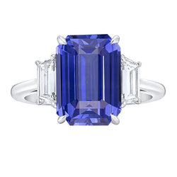 Damen Ehering 3 Steine Smaragdblauer Saphir & Aus der Erde Abgebauter Natürlicher Diamanten 4 Karat