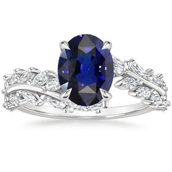 Damen Goldring Oval Ceylon Saphir mit Marquise Aus der Erde Abgebauter Natürlicher Diamanten 4 Karat