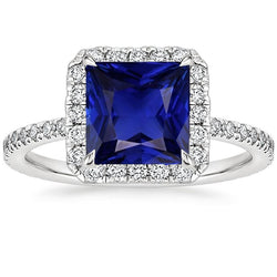 Damen Halo Aus der Erde Abgebauter Natürlicher Diamantring Princess Blue Sapphire Center 6.50 Karat Gold