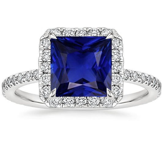 Damen Halo Diamantring Princess Blue Sapphire Center 6.50 Karat Gold - harrychadent.de