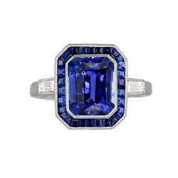 Damen Halo Edelstein Blauer Saphir Ring 3,50 Karat Baguette Aus der Erde Abgebauter Natürlicher Diamanten