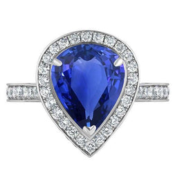 Damen Halo Ehering Birne Blauer Saphir & Aus der Erde Abgebauter Natürlicher Diamanten 4.50 Karat