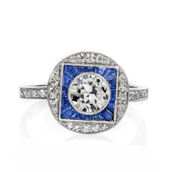 Damen Halo Ring Old Mine Cut Aus der Erde Abgebauter Natürlicher Diamant & Trapezoid Saphire 4 Karat