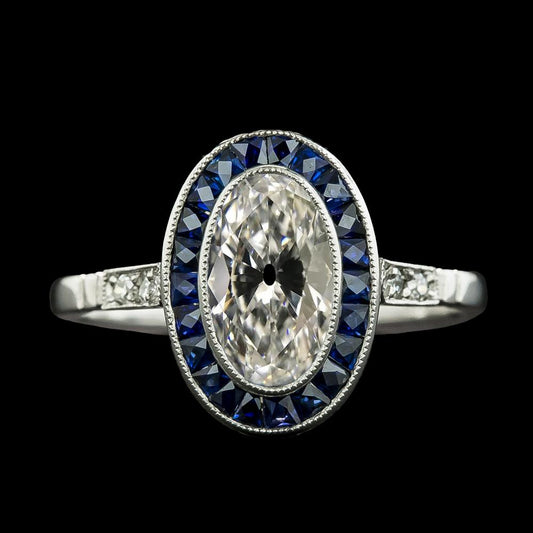 Damen Halo Ring Oval alter Bergmann Diamant & Blaue Saphire 6.75 Karat - harrychadent.de