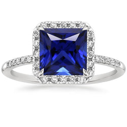 Damen Halo Ring Princess Blue Sapphire Mit Pave Aus der Erde Abgebauter Natürlicher Diamants 5.50 Karat